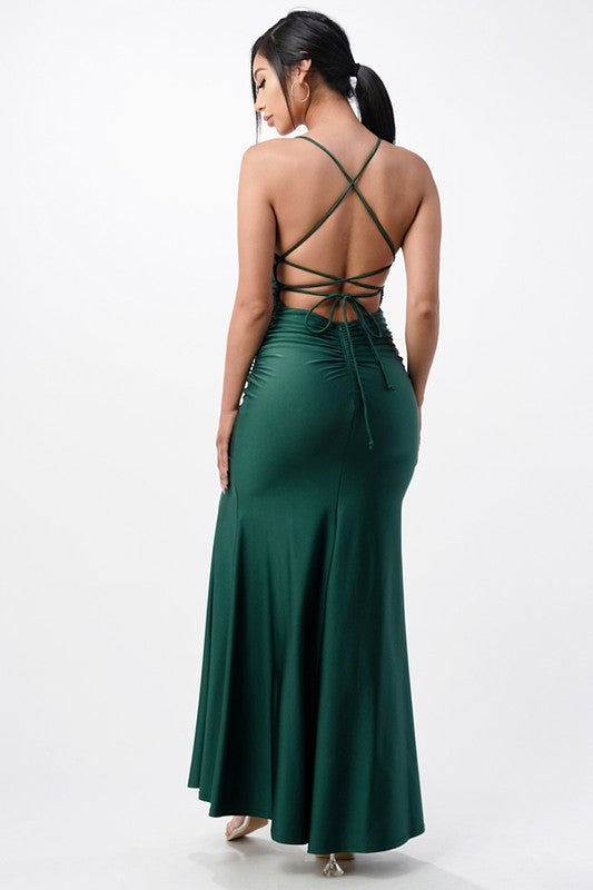 Back lace up mermaid dress with waist shirring