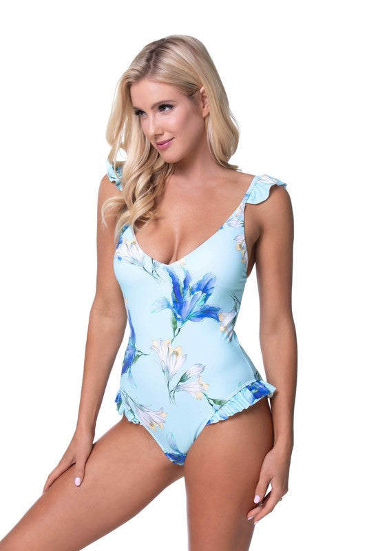 BLUE FLORAL RUFFLE TRIM ONE PIECE SWIMWEAR