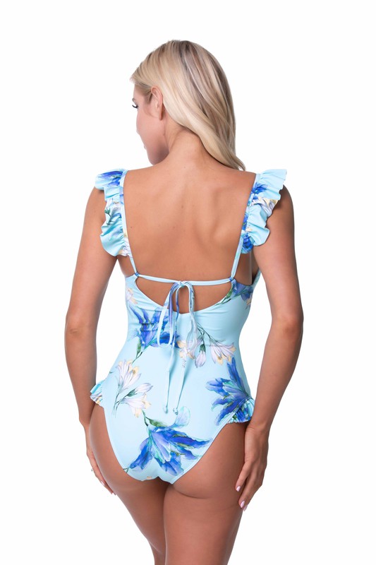 BLUE FLORAL RUFFLE TRIM ONE PIECE SWIMWEAR