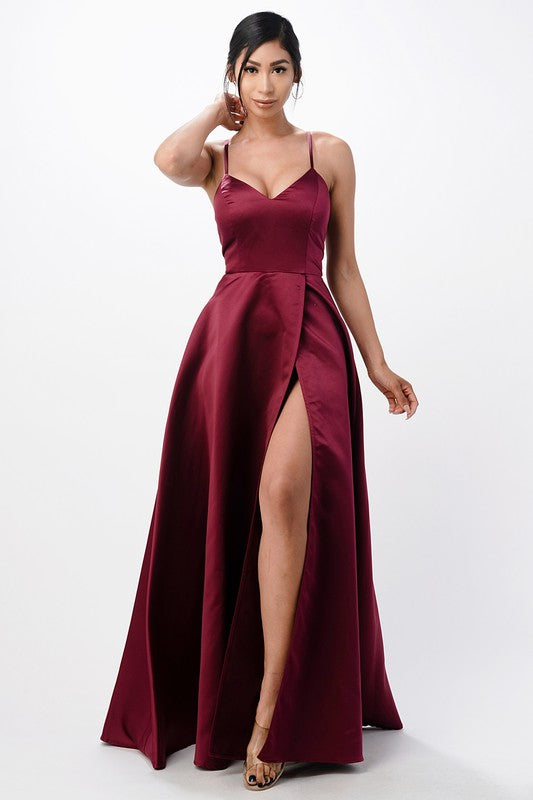 open side back spaghetti zig zag tie satin gown