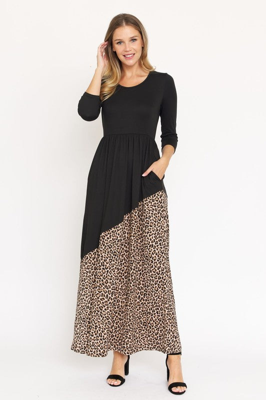 Asymmetrical Leopard Accent Maxi Dress