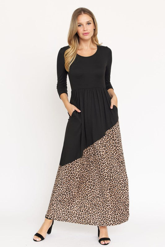 Asymmetrical Leopard Accent Maxi Dress