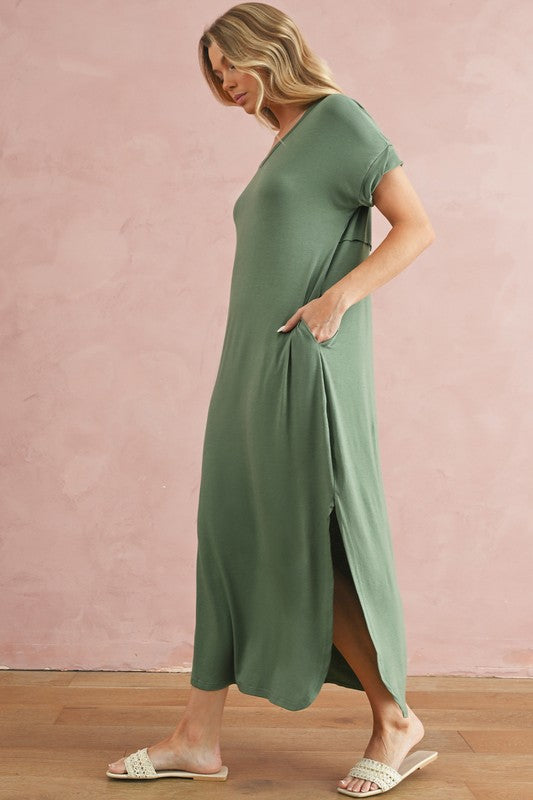 V Neck Hidden Pocket Splits Maxi T-shirt Dress