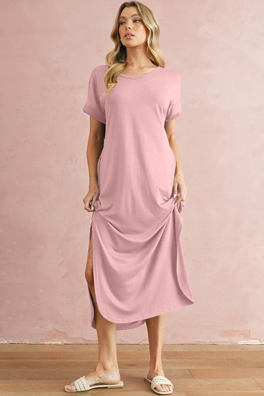 V Neck Hidden Pocket Splits Maxi T-shirt Dress