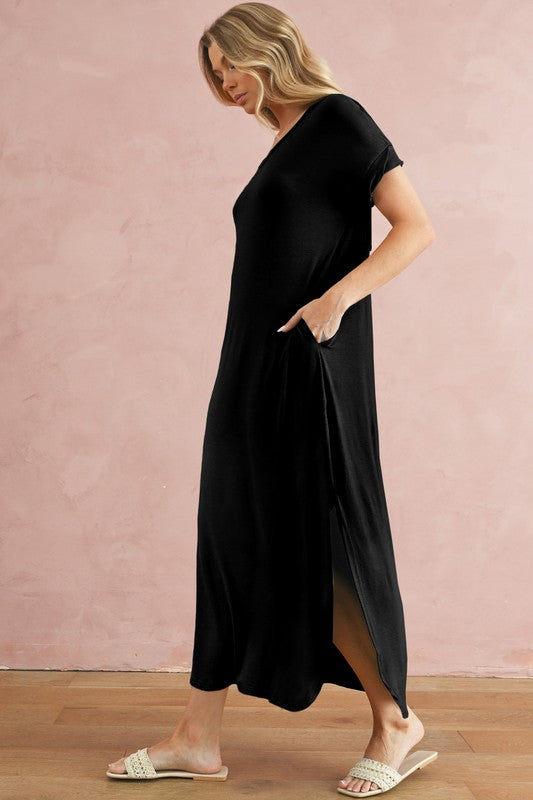 V Neck Hidden Pocket Splits Maxi T-shirt Dress