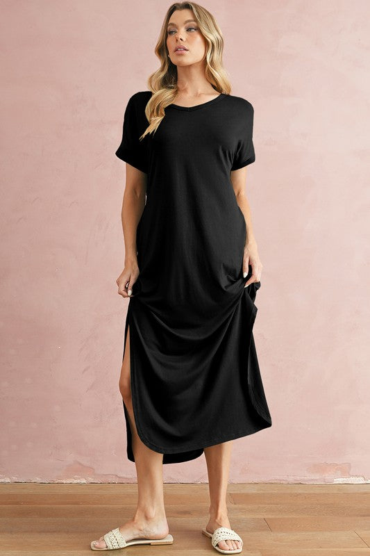 V Neck Hidden Pocket Splits Maxi T-shirt Dress