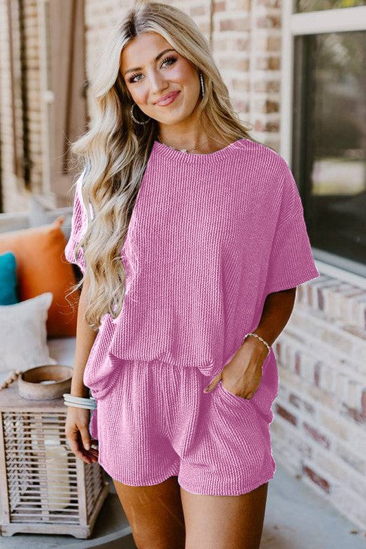 Women Textured Knit Loose Fit Tee and Shorts Set