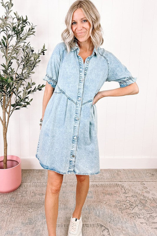 Women Ruffled Short Sleeve Buttoned Denim Dress