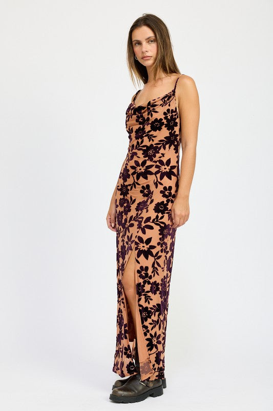 FLORAL PRINT COWL NECK MAXI DRESS