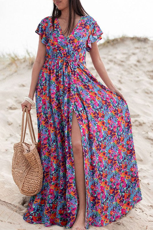 Women Floral Print V Neck Wrap Split Maxi Dress