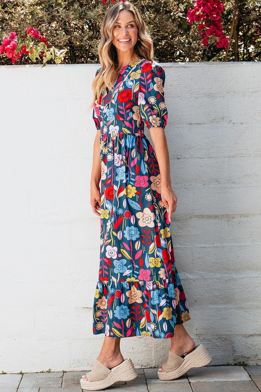 Women Retro Floral Printed Split Neck Maxi Dress