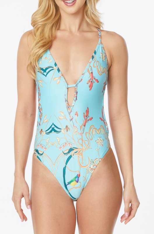 ONE PIECE BATHING SUIT FLORAL PRINT DEEP CUT FRONT