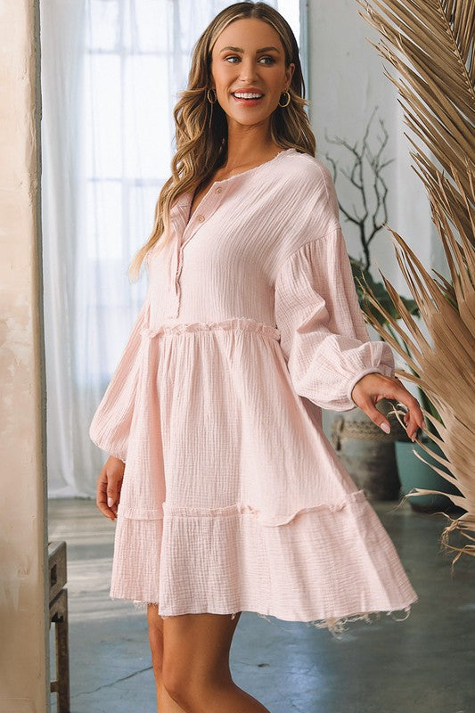 Women Crinkle Distressed Puff Sleeve Flared Dress